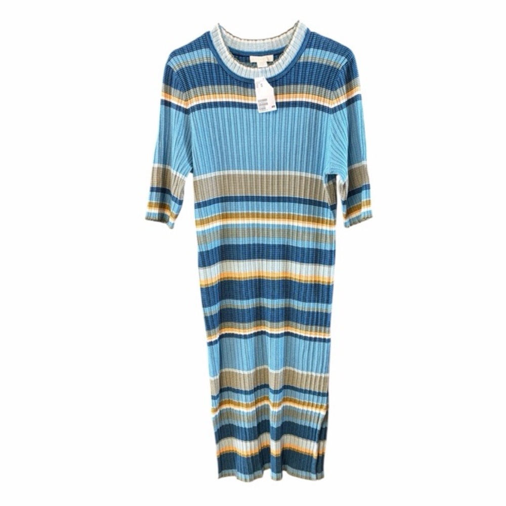 H&M Striped Ribbed Midi Dress in Blue, Light Blue, Beige, Yellow